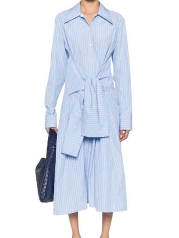 *Jil Sander Cotton Poplin Stripe Long Sleeve Collared Tie Waist A-Line Midi Shirt Dress, Size DK 34 = US 4