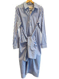 *Jil Sander Cotton Poplin Stripe Long Sleeve Collared Tie Waist A-Line Midi Shirt Dress, Size DK 34 = US 4