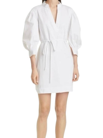 *Rebecca Taylor Stretch Cotton Poplin 3/4 Balloon Sleeve Split Neck Tie-Waist Mini Dress, Size S