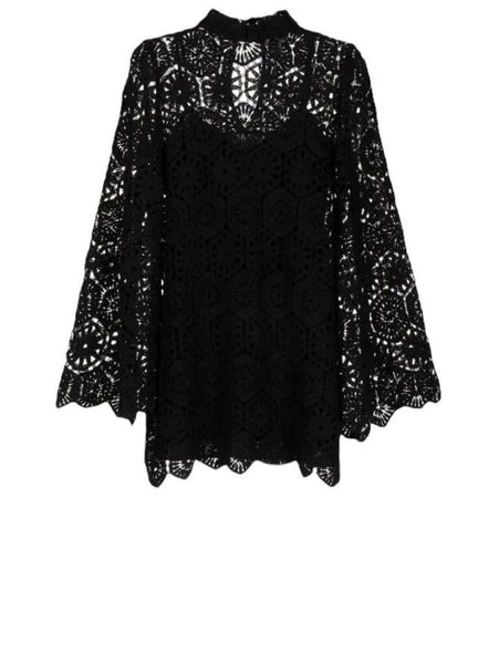 ^We Are Kindred Luna Cotton Crochet Long Flare Sleeve Mock Neck Mini Shift Dress, Size 4