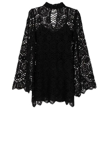 ^We Are Kindred Luna Cotton Crochet Long Flare Sleeve Mock Neck Mini Shift Dress, Size 4