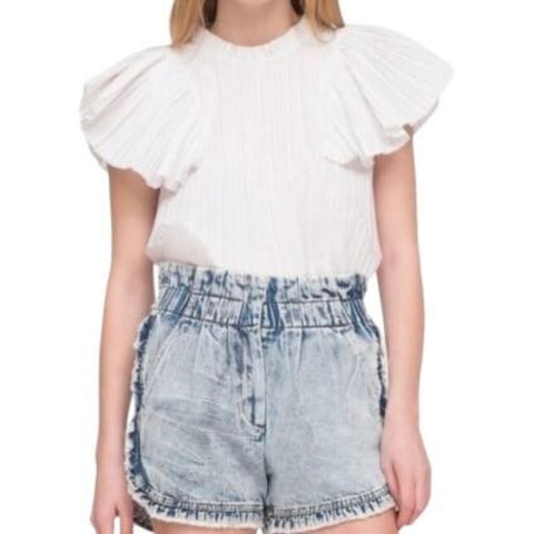 *Sea New York Bailey Broomstick Linen Blend Pleated Flutter Sleeve High Neck Top, Size S