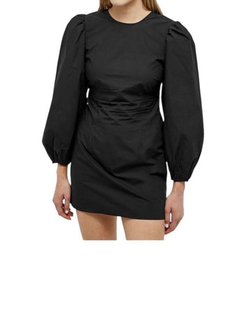 *GANNI Cotton Poplin Long Sleeve Crew Neck Cut-Out Tie Back Mini Dress, Size FR 40 = US 8