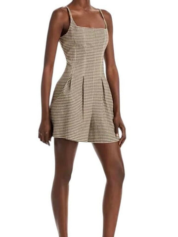 ^Rebecca Taylor Linen Blend Check Plaid Cami Pleated Wide Leg Zip Back Romper, Size 4