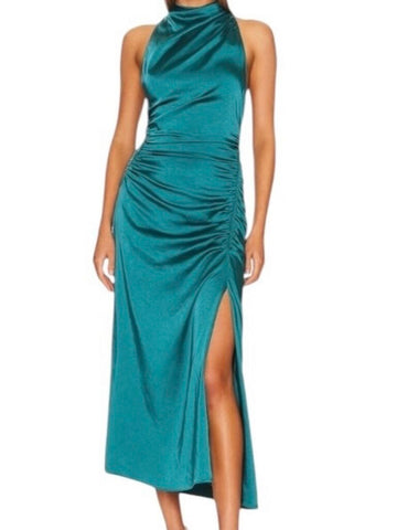 *A.L.C. Inez Satin Sleeveless Asymmetrical Ruched Draped Halter Midi Dress, Size 4