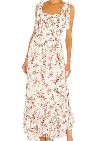 *Yumi Kim Trisha Chiffon Floral Tie-Shoulder Tank Smocked Ruffle Hem Maxi Dress, Size S