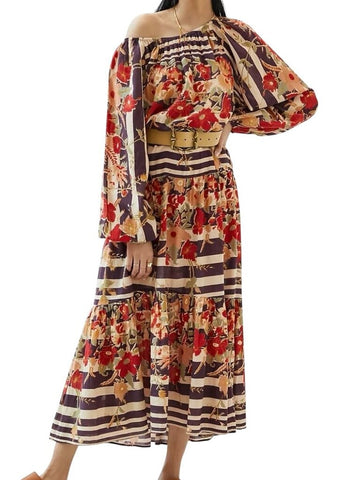 Mes Demoiselles Solstice Stripe Floral Long Balloon Sleeves Wide Neck Peasant Maxi Dress, Size 8
