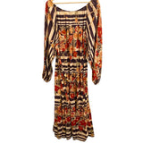 *Mes Demoiselles Solstice Stripe Floral Long Balloon Sleeves Wide Neck Peasant Maxi Dress, Size 8