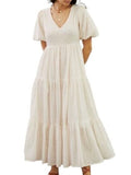 *NWT Mother Cotton Eyelet Short Puffy Sleeve V-Neck Tiered Maxi Dress, Size M