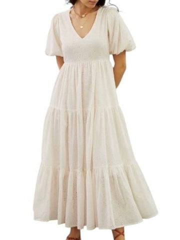 *NWT Mother Cotton Eyelet Short Puffy Sleeve V-Neck Tiered Maxi Dress, Size M