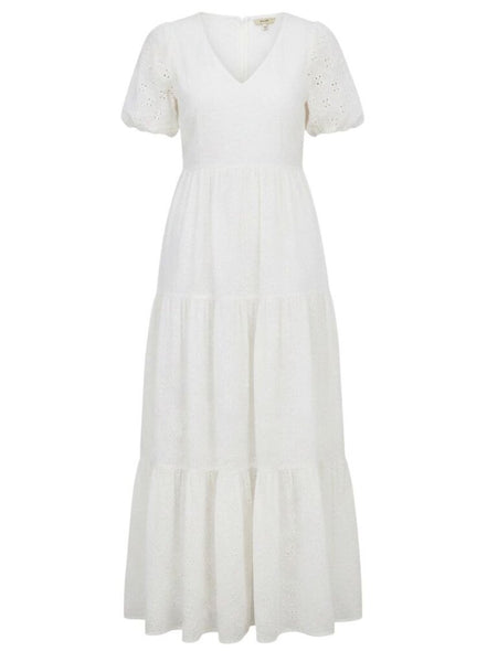*NWT Mother Cotton Eyelet Short Puffy Sleeve V-Neck Tiered Maxi Dress, Size M