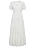 *NWT Mother Cotton Eyelet Short Puffy Sleeve V-Neck Tiered Maxi Dress, Size M
