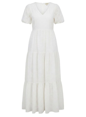*NWT Mother Cotton Eyelet Short Puffy Sleeve V-Neck Tiered Maxi Dress, Size M