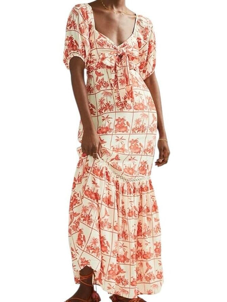 *Farm Rio by Anthropologie Odessa Tile Print Short Sleeve Deep V-Neck Knot Front Maxi Dress, Size S