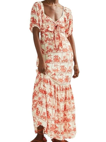 *Farm Rio by Anthropologie Odessa Tile Print Short Sleeve Deep V-Neck tie Front Maxi Dress, Size S