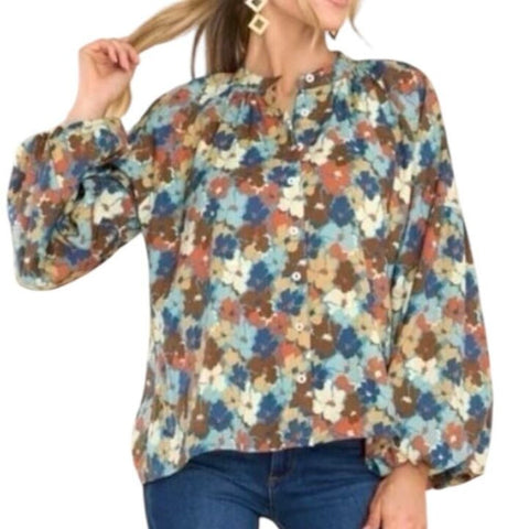 *Olivia James Emory Cotton Fleur Multi Long Balloon Sleeve Banded Collar Button-Up Shirt Top, Size L
