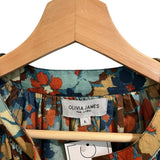 *Olivia James Emory Cotton Fleur Multi Long Balloon Sleeve Banded Collar Button-Up Shirt Top, Size L