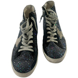 *Golden Goose Francy Glitter Leather & Suede High-Top Metal Logo Hidden Lift Sneakers, Size 37