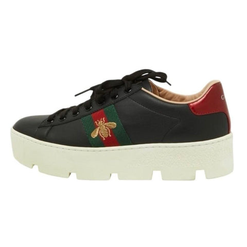 *Gucci Ace Embroidered Bee Leather Lace-Up Low-Top Platform Sneakers w/Box, Size 39