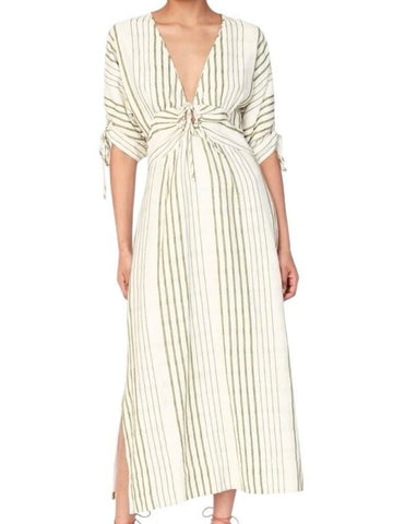 *NWT Mirth Silver Lake Cotton Stripe Short Sleeve Deep V O-Ring Midi Dress, Size S