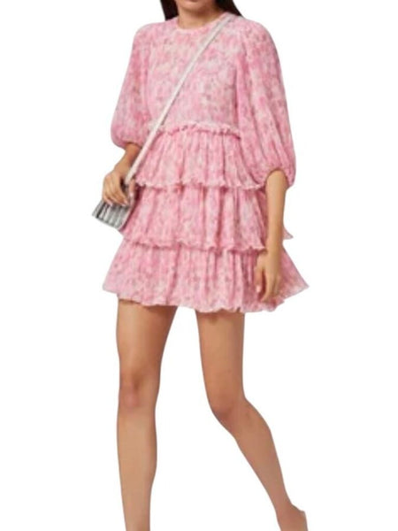 *GANNI Pleated Georgette Floral Plisse 3/4 Sleeve Round Neck Tiered Mini Dress, Size FR36=US4