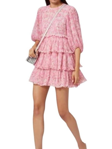 *GANNI Pleated Georgette Floral Plisse 3/4 Sleeve Round Neck Tiered Mini Dress, Size FR36=US4