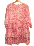 *GANNI Pleated Georgette Floral Plisse 3/4 Sleeve Round Neck Tiered Mini Dress, Size FR36=US4