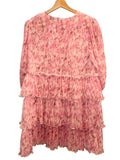 *GANNI Pleated Georgette Floral Plisse 3/4 Sleeve Round Neck Tiered Mini Dress, Size FR36=US4