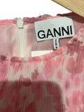 *GANNI Pleated Georgette Floral Plisse 3/4 Sleeve Round Neck Tiered Mini Dress, Size FR36=US4