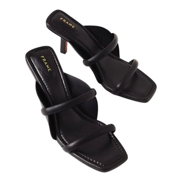 *FRAME Le Carlotta Leather Double Strap Curved Midsole Heeled Slide Sandals, Size 38.5