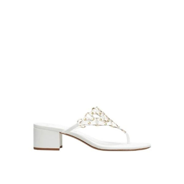 ^Alexandre Birman Dahra Studded Leather & Chain Thong 45mm Block Heel Sandals, Size 38