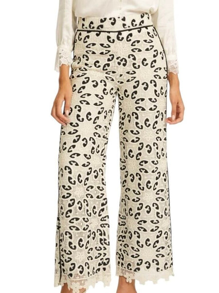 *NWT Caballero Celina Cotton Lace Crochet High-Rise Wide Leg Trousers Pants, Size XS