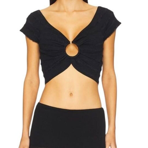 *NWT Osis Studio Clementine Cap Sleeve Wide V-Neck O-Ring Cropped Top, Size XS