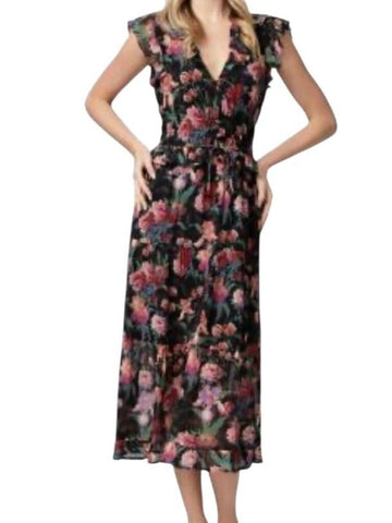 *Paige Paradis Silk Chiffon Floral Fllutter Sleeve V-Neck Ruffle Trim Smocked Waist Midi Dress, Size M