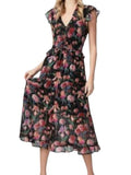 *Paige Paradis Silk Chiffon Floral Fllutter Sleeve V-Neck Ruffle Trim Smocked Waist Midi Dress, Size M