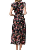 *Paige Paradis Silk Chiffon Floral Fllutter Sleeve V-Neck Ruffle Trim Smocked Waist Midi Dress, Size M
