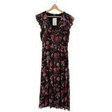 *Paige Paradis Silk Chiffon Floral Fllutter Sleeve V-Neck Ruffle Trim Smocked Waist Midi Dress, Size M