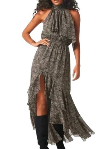 *MISA Los Angeles Aneva Paisley Shimmer Chiffon Sleeveless Tie-Back Halter Ruffled Maxi Dress, Size L