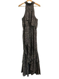 *MISA Los Angeles Aneva Paisley Shimmer Chiffon Sleeveless Tie-Back Halter Ruffled Maxi Dress, Size L