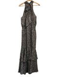 *MISA Los Angeles Aneva Paisley Shimmer Chiffon Sleeveless Tie-Back Halter Ruffled Maxi Dress, Size L