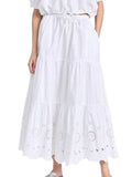 *NWT Kerri Rosenthal Gabrielle Cotton Eyelet Trim Elastic Waist Tiered Maxi Skirt, Size M