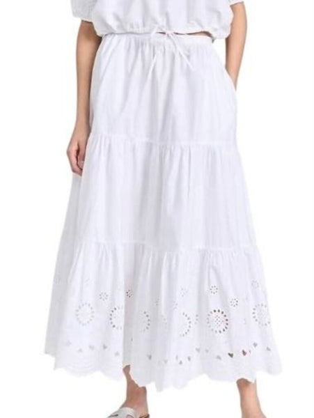 *NWT Kerri Rosenthal Gabrielle Cotton Eyelet Trim Elastic Waist Tiered Maxi Skirt, Size M