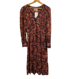 *ba&sh Gigi Fall Floral Long Blouson Sleeve V-Neck Contrast Trim Midi Dress, Size M