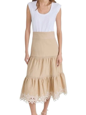*Veronica Beard Amaia Mixed Media Knit Cap Sleeve Scoop Poplin Tiered Eyelet Hem Skirt Midi Dress, Size M