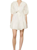*Sandro Paris Emiliana Linen Blend Puff Sleeve Broderie Lace Collar V-Neck Tie-Waist Mini Dress, Size FR 38=US 6