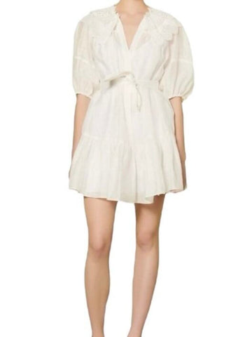 *Sandro Paris Emiliana Linen Blend Puff Sleeve Broderie Lace Collar V-Neck Tie-Waist Mini Dress, Size FR 38=US 6