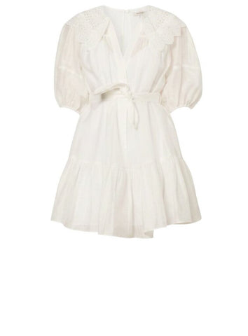 *Sandro Paris Emiliana Linen Blend Puff Sleeve Broderie Lace Collar V-Neck Tie-Waist Mini Dress, Size FR 38=US 6