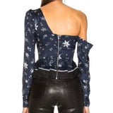 *Self-Portrait One Shoulder Star Long Sleeve Asymmetric Hem Blouse Top, Size 4