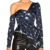 *Self-Portrait One Shoulder Star Long Sleeve Asymmetric Hem Blouse Top, Size 4