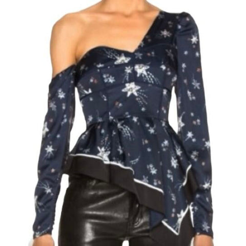 *Self-Portrait One Shoulder Star Long Sleeve Asymmetric Hem Blouse Top, Size 4